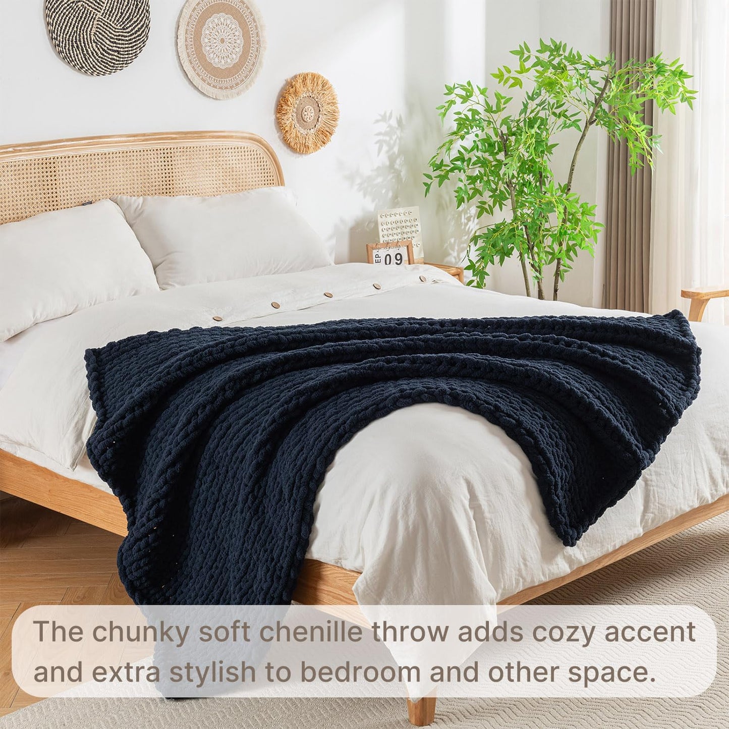 Chunky Knit Blanket Throw, 100% Hand Knit Throw Blanket Handmade Chenille Cable Knit Throw for Couch, Stylish Cozy Soft Rope Knot Crochet Blanket for Home Decor, Navy Blue, 50x60 Inches