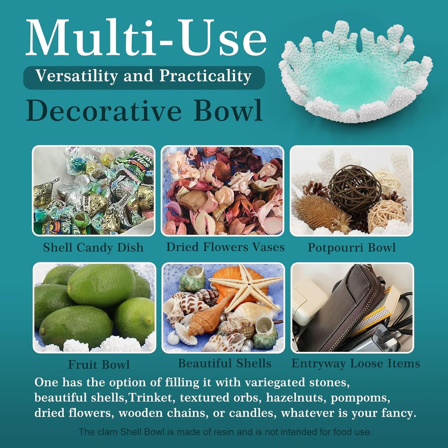 Turquoise Coral Textured Decorative Bowl,9.45" Medium Resin Decorative Centerpiece Bowl for Coastal Beach theme house table centerpiece decorations & Nautical decorations for coffee table