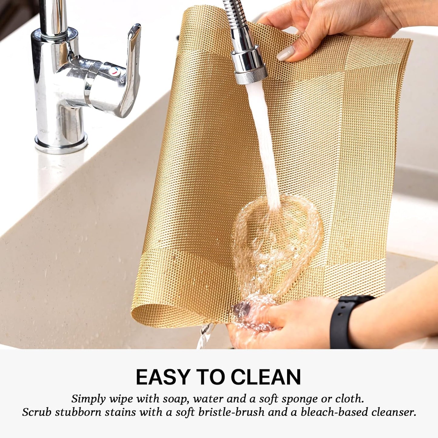 LEXMORE Placemats Set of 6 Vinyl/Plastic Woven Place Mats for Kitchen Table Indoor/Outdoor Washable Placemat Wipeable Dining Table Mats(Gold Cube)