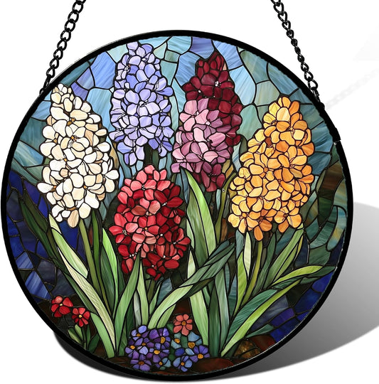 Stained Glass Window Hanging, Colorful Hyacinth Flowers Suncatcher for Doors Window Home Plant Sun Catchers Decoration Mother's Day Birthday Gifts for Women, Men, and Mom 6.3x6.3 in