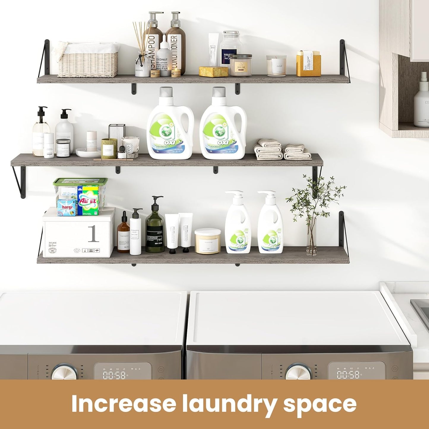 Heimlove 48 Inch Large Floating Bookshelves Set of 3,Wall Mounted Bookshelves,Heavy Duty Bracket Shelves for Living Room,Bedroom,Kitchen,Laundry Room Storage & Decor,Rustic Silver Grey