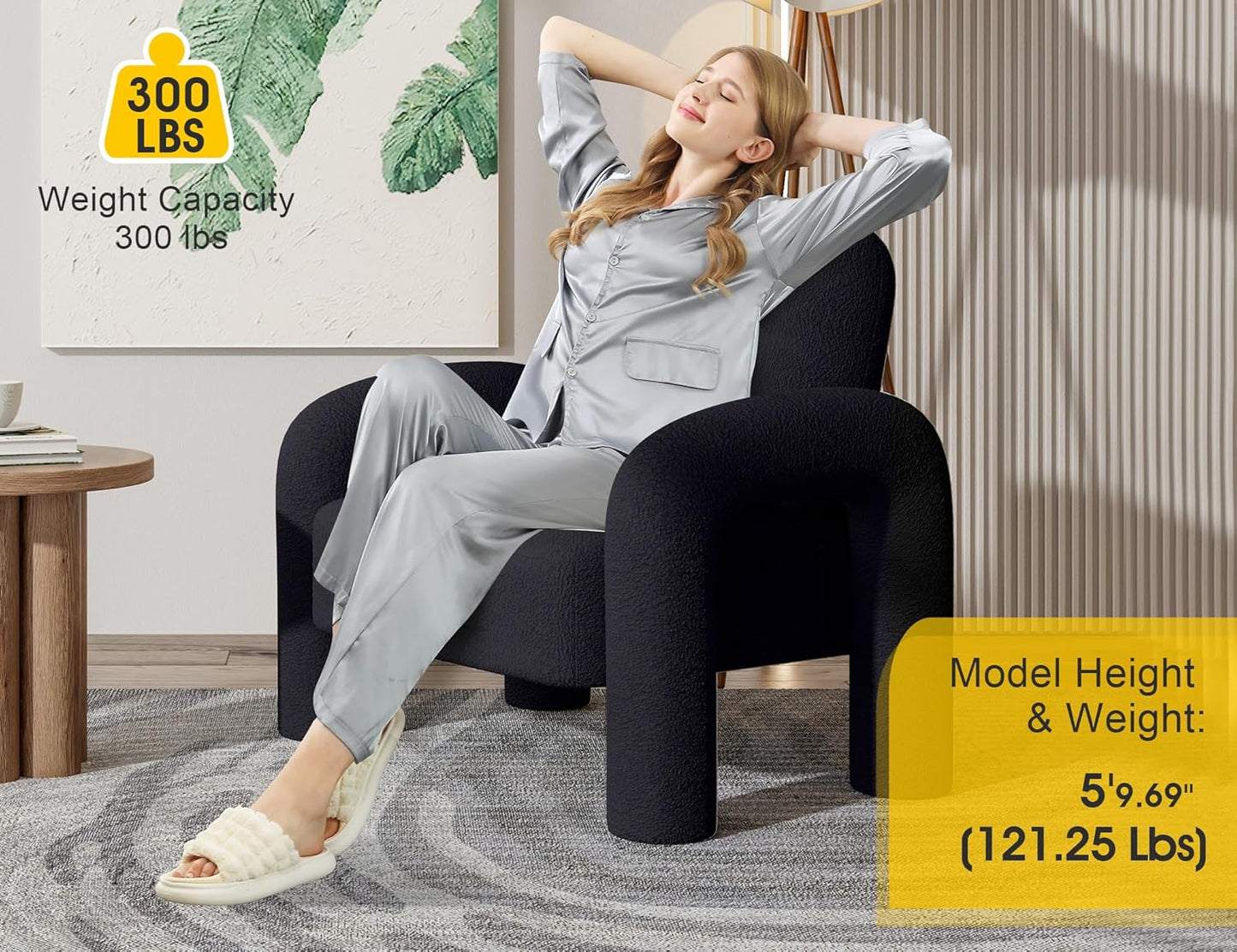 Modern Sherpa Accent Chair, Teddy Upholstered Arm Single Sofa, Cozy Fluffy Reading Chair for Living Room, Bedrooms, Corner (Black)