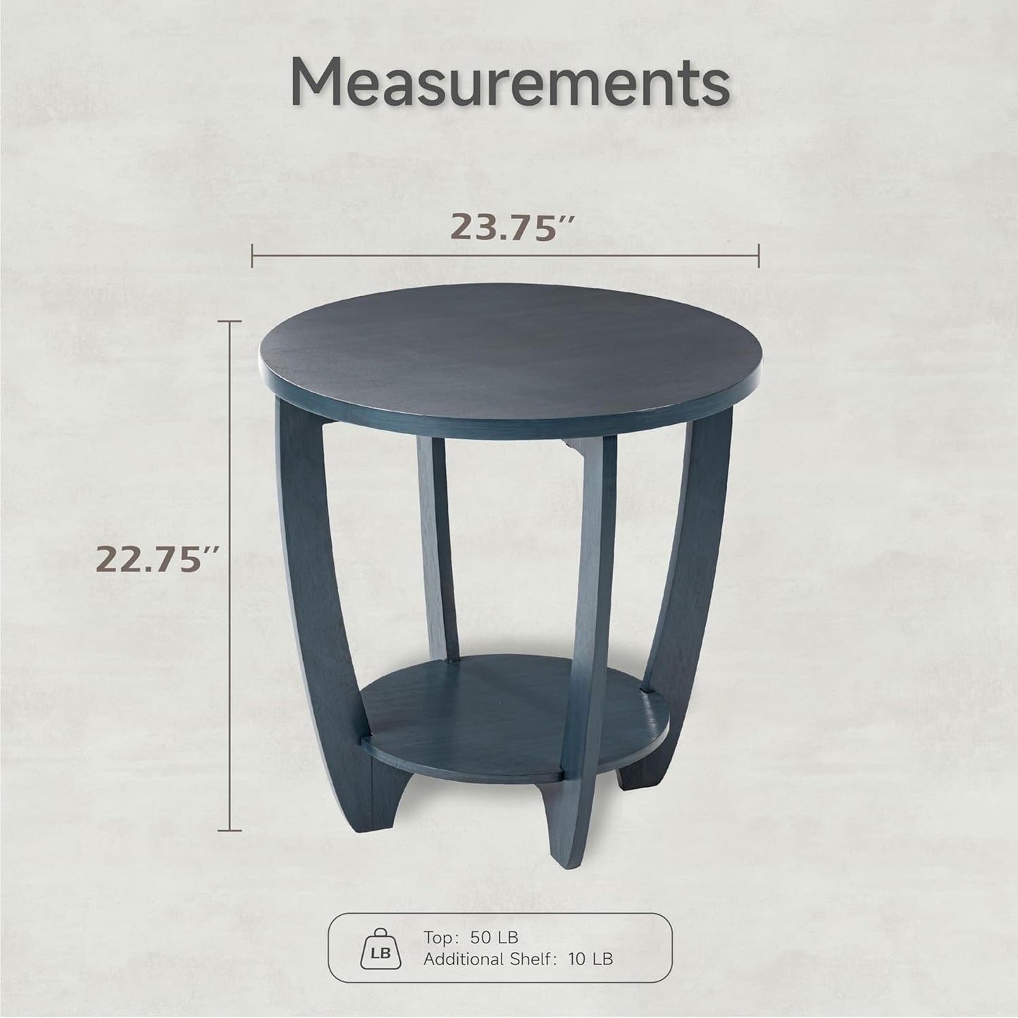 Rustic Farmhouse End Table with Storage Shelf, French Country Accent Side for Family, Dinning or Living Room, Small Spaces, Modern, Round, Vintage Blue Finish, Curved Leg