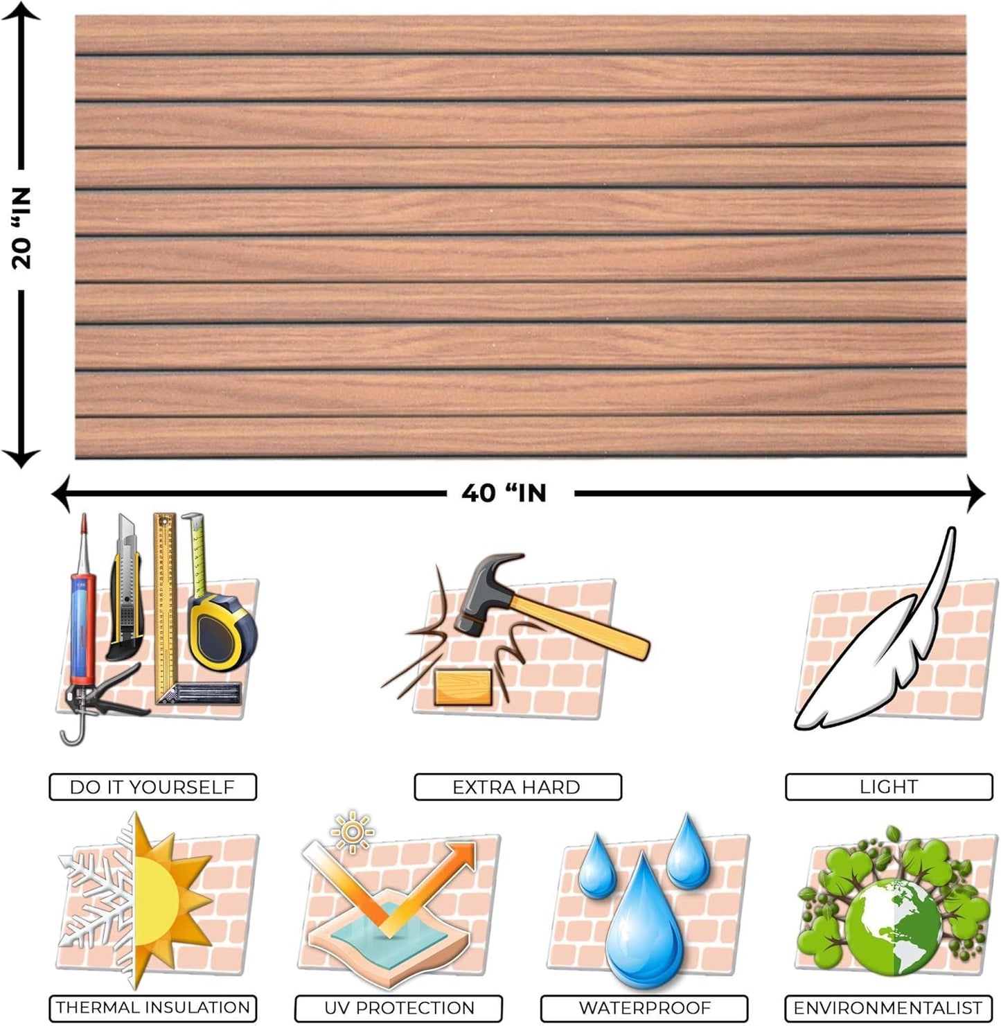 IZODEKOR 3D Wood Effect Styrofoam Wall Panels - Faux Wood Look Wall Panels for Living Room - Fake Acoustic Wood Slat Wall Panels - Pack of 10, Covers 50 sq ft.