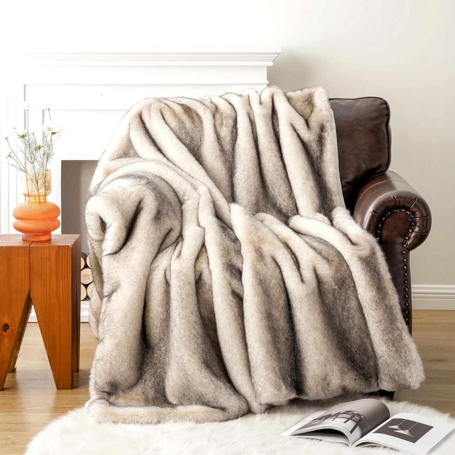 BATTILO HOME Luxury Fluffy Faux Fur Throw Blanket, Cozy Warm Fur Blanket for Couch Sofa, Plush Fuzzy Fur Throws with Long Pile & Brushed Tips, 60"x80"