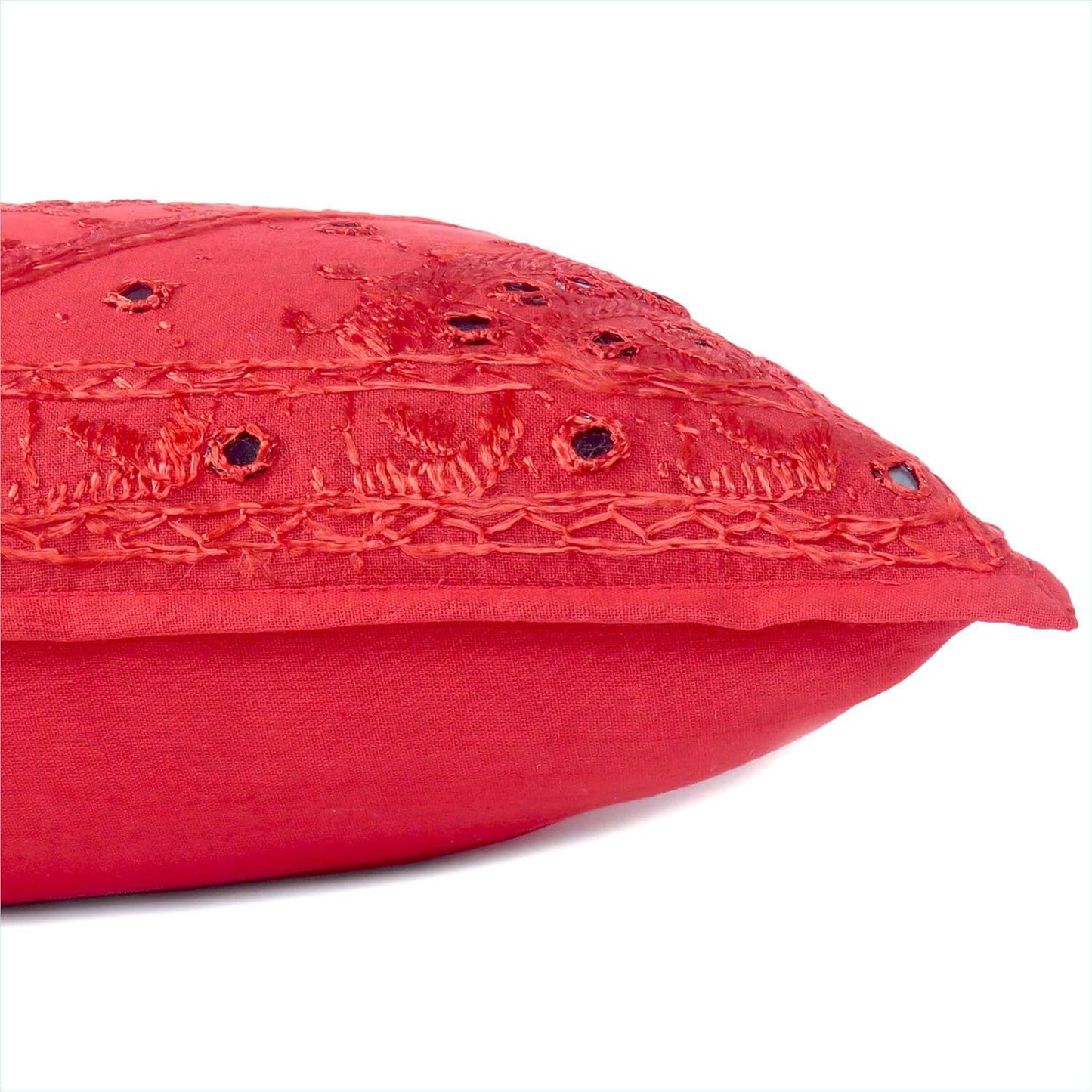 Eyes of India Embroidered Decorative Boho Throw Pillow Cover with Mirrors, Handmade Bohemian Accent Cushion Case for Sofa Couch Bedroom Living Room (Red, 16" x 16")