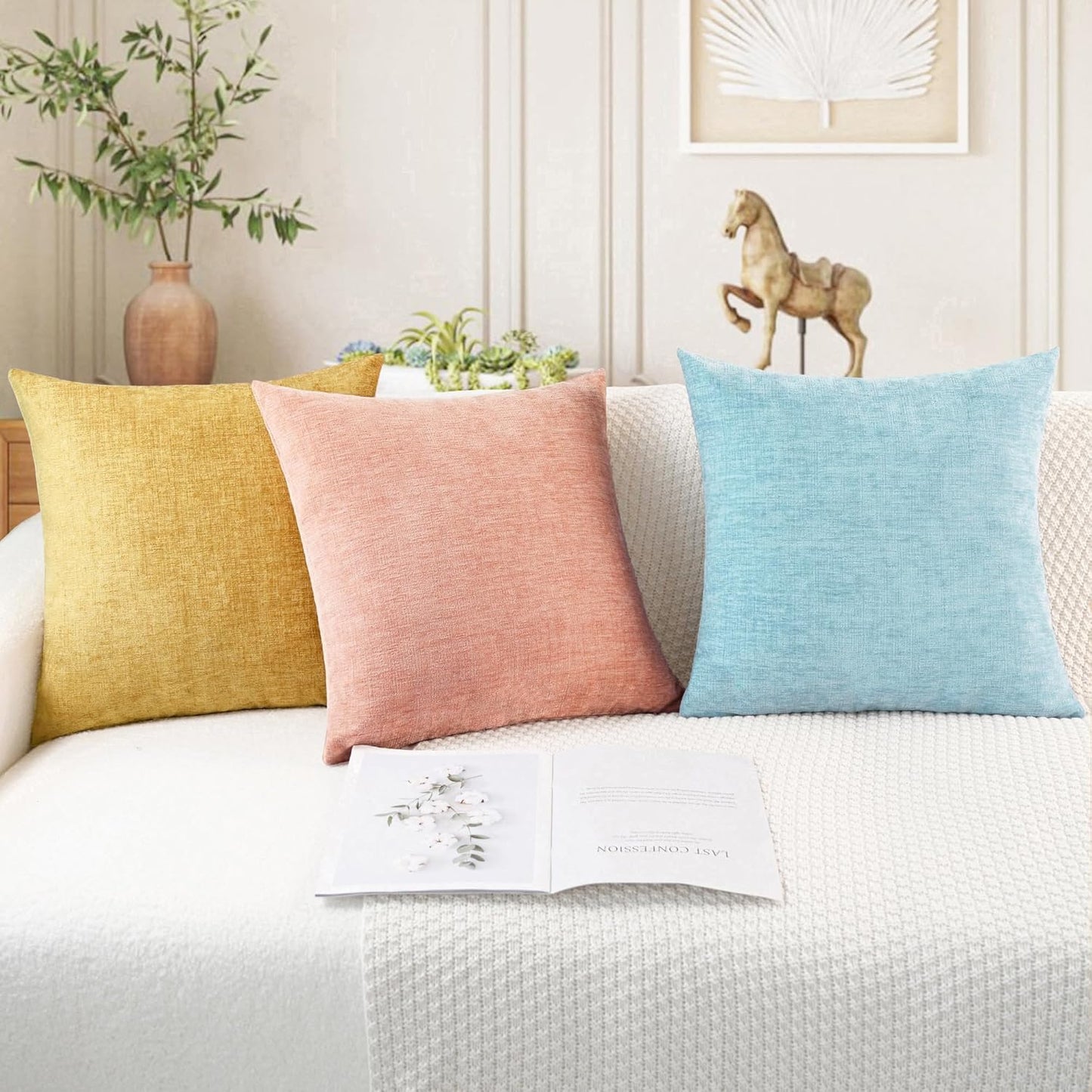 CaliTime Throw Pillow Covers Decorative 20 X 20 Inches Pack of 2 Cozy Chenille Cushion Cases for Couch Sofa Bed Living Room Home Light Blue Grey