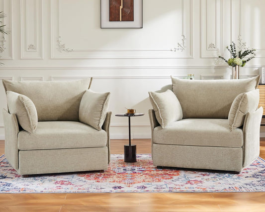 Oversized Accent Chair, Upholstered Modern Sofa Chair with Removable Backrest & Detachable Cover, 24.5" Deep Seat Large Reading Armchair for Living Room Bedroom Office - Chenille Beige Set of 2