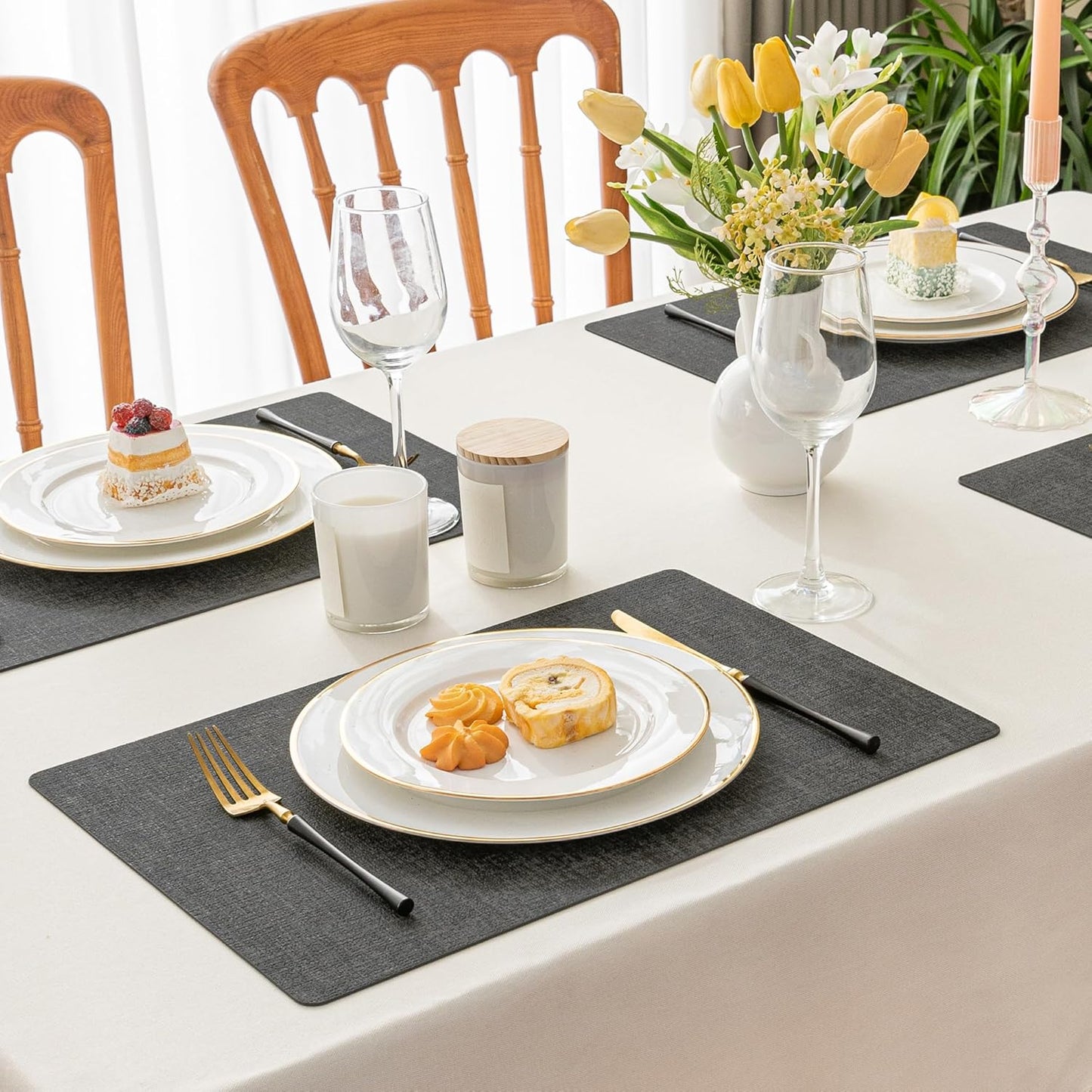 Romanstile Vinyl Placemats Set of 12-12 X 18 Inch - Heat Resistant Place Mats 100% Waterproof Oilproof Wipeable Reversible Faux Leather Table Mats for Kitchen/Dining/Party/Outdoor, Charcoal