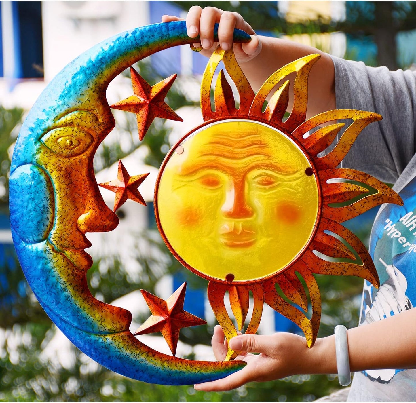 Metal Sun Outdoor Wall Art Decor Large 18 Inch with Moon & Stars, Hanging for Indoor Outdoor Patio Garden Fence Deck Yard Pool Wall Sculpture Decoration for Living Room Bedroom Colorful