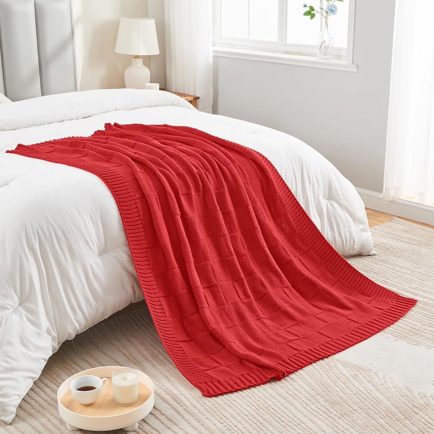 CozeCube Knit Throw Blanket,Christmas Red Checkered Bedroom Blanket for Couch,Soft Cozy Warm Knitted Blanket for Bed Sofa Living Room,Decorative Spring Fall Throw Blanket 50"X60",Christmas Red