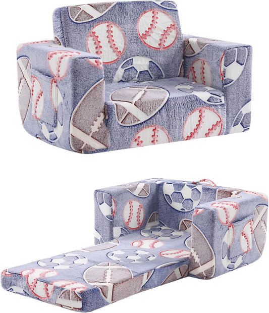 Toddler Chair Kids Couch, 2-in-1 Toddler Soft Sherpa Couch Fold Out Armchair Glow in The Dark with Removable Cover, Convertible Reading Chair Toddler Sofa for Kids, Football