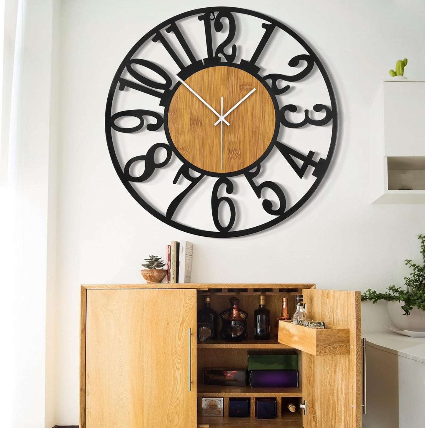 LEIKE 32" Oversized Large Wall Clocks,Silent,Non Ticking,Battery Operated Modern Round Big Wood Decorative Metal Wall Clock for Living Room, Bedroom,Kitchen,Farmhouse,Office Decor - Black,32 Inch