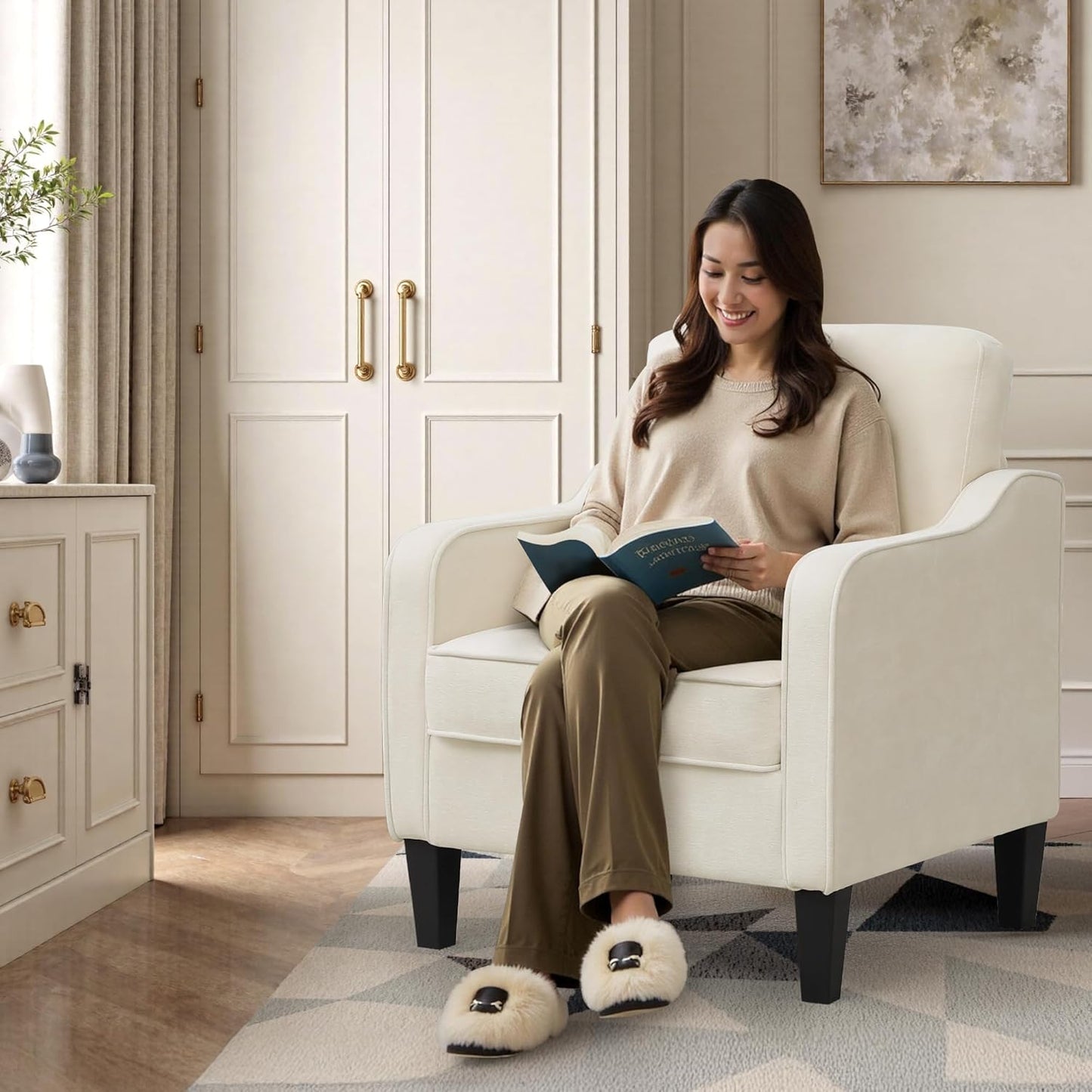 Accent Chairs Set of 2, Upholstered Living Room Chairs with Side Pockets, Mid Century Modern Reading Chair for Bedroom, Comfy Armchair Single Sofa Side Chair for Office, Small Room, Beige