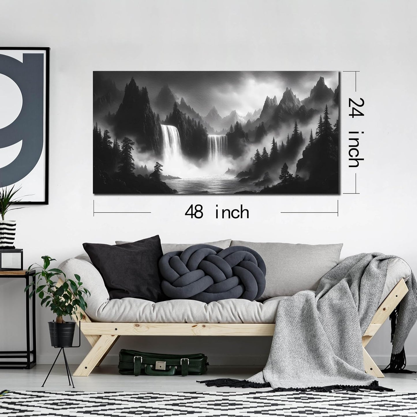 HUBOSKN Waterfall Pictures Wall Decor for Living Room - Mountain Wall Art for Office - Black and White Canvas Wall Art for Bedroom Size 24" x 48"