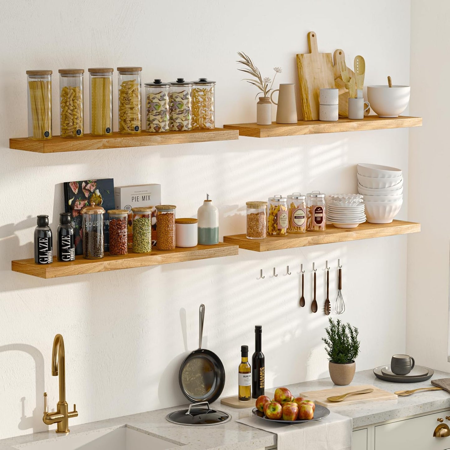 Fun Memories Floating Shelves for Wall, 24 Inch Floating Shelves Wall Mounted, Rustic Elm Wood Shelf, Heavy-Duty Storage Shelves for Books, Bathroom, Kitchen, Natural Finish, Set of 2