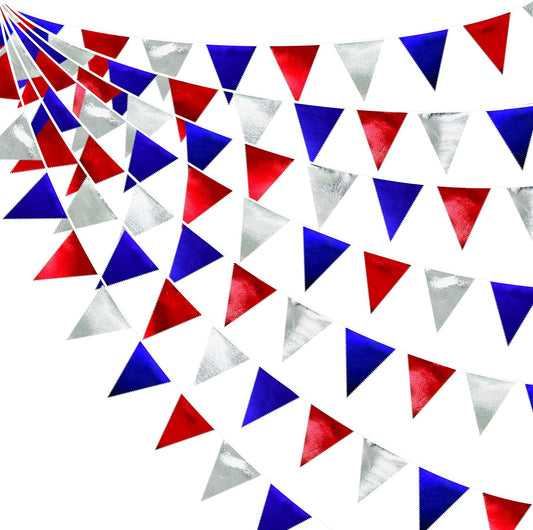 Red Blue Silver Party Decorations Metallic Fabric Triangle Pennant Banner Flag Bunting Garland for Graduations 4th of July American USA National Day Patriotic Veterans Birthday Outdoor Party Supplies