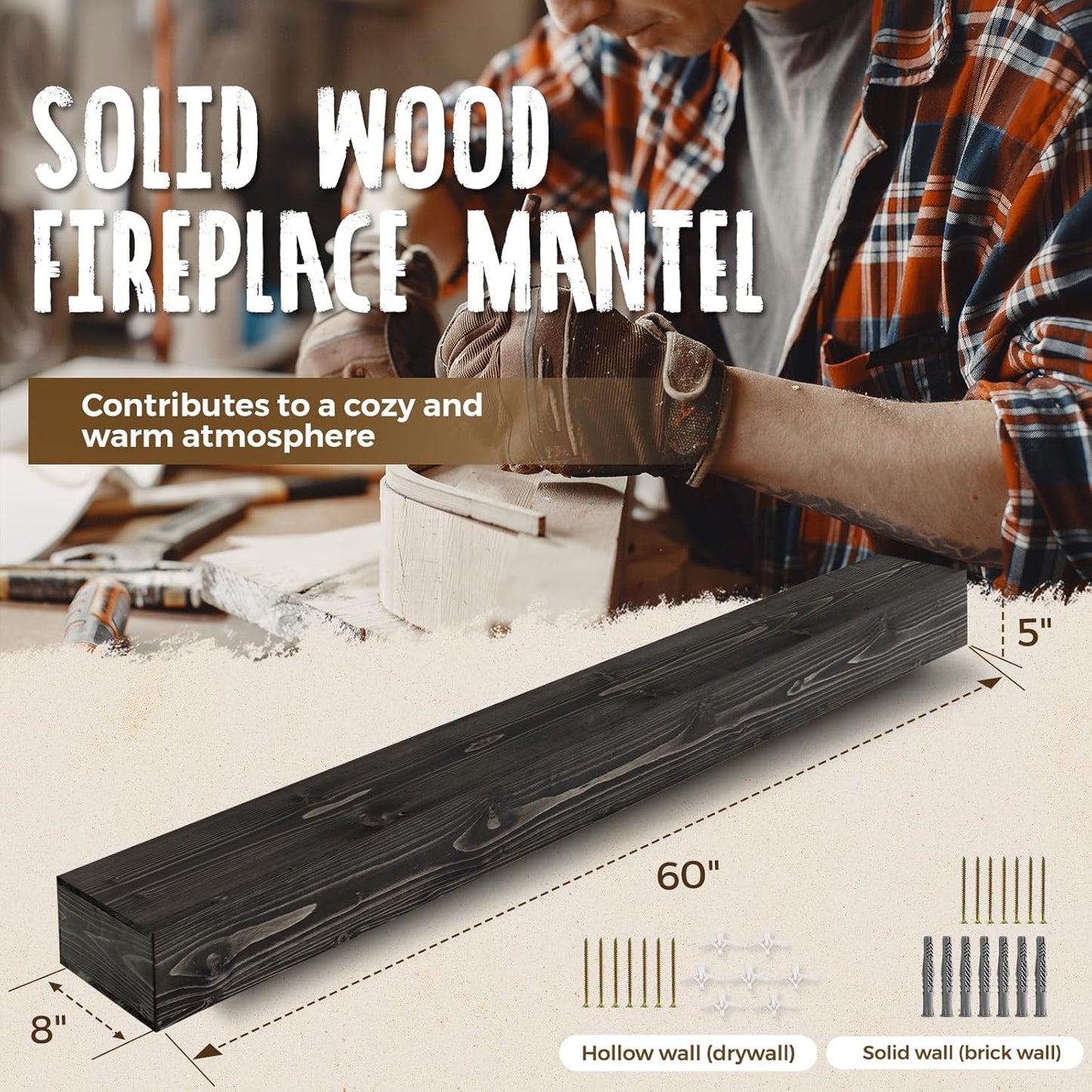 60x8x5 Fireplace Mantel - Handcrafted Hollow Rustic Solid Wood Wall Mounted Floating Shelf with Invisible Heavy Duty Wood Bracket (Weathered Black)