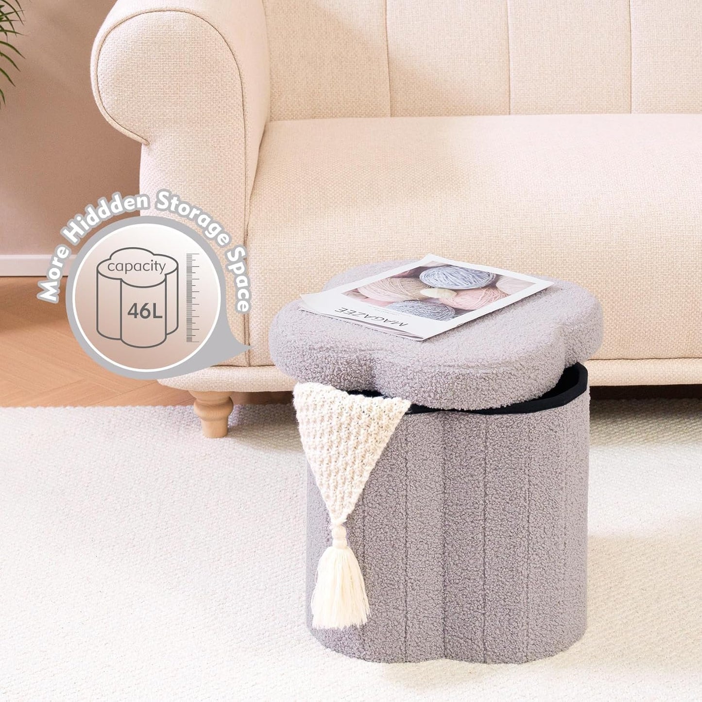 B FSOBEIIALEO Storage Ottoman Cube, Flowers Shaped Ottomans with Storage Foot Stool Footrest, Boucle Ottoman Seat for Dorm Room, Faux Teddy Fur, Grey 15"x15"x15"
