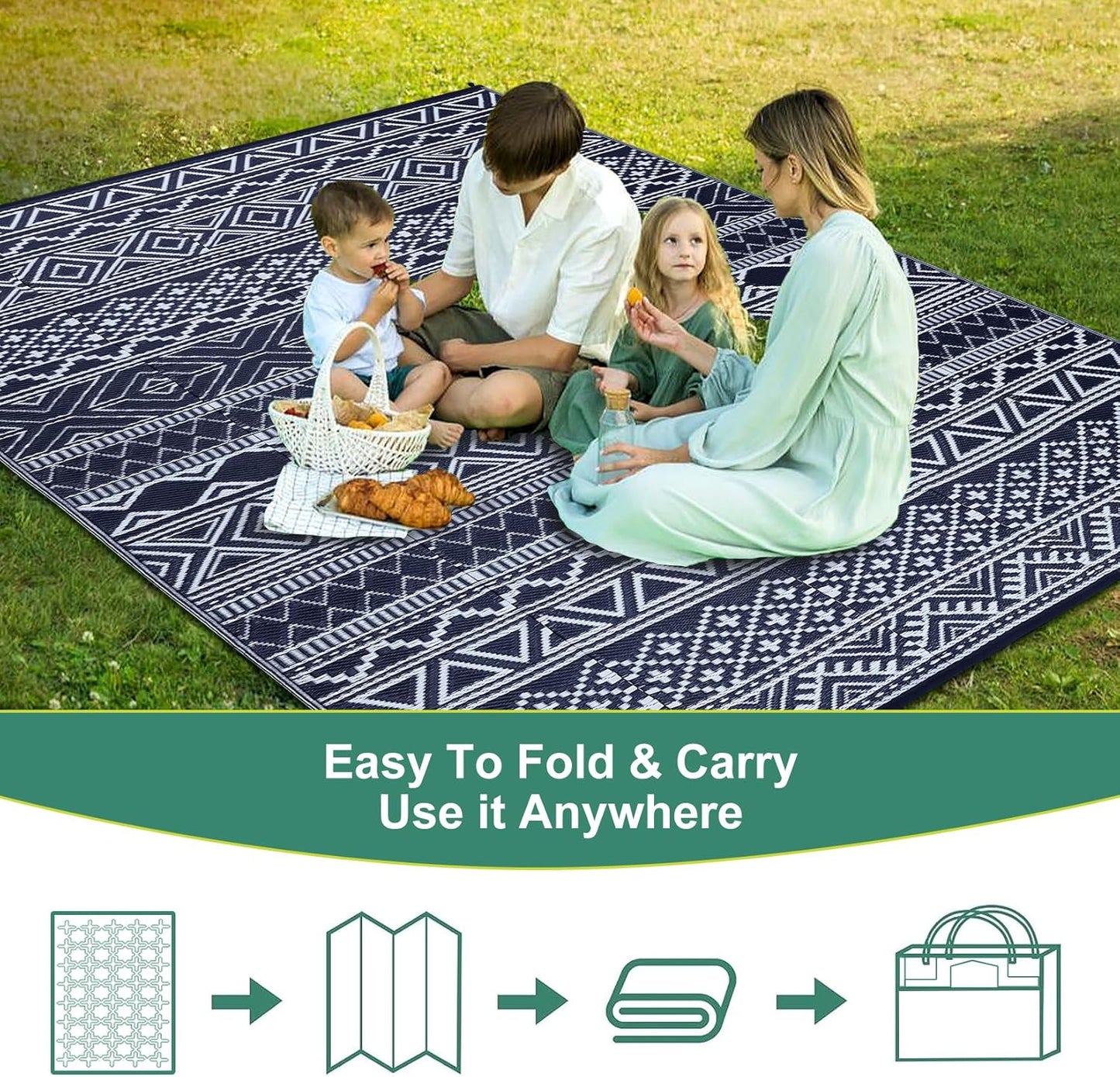 GAOMON Outdoor Rug 9'x12' Waterproof Rug for Patio Decor, Foldable Reversible Plastic Straw Area Rugs Mat for Camper, Outside Carpet for Deck, Porch, Picnic, Beach, Dark Blue/White(Bohemia)
