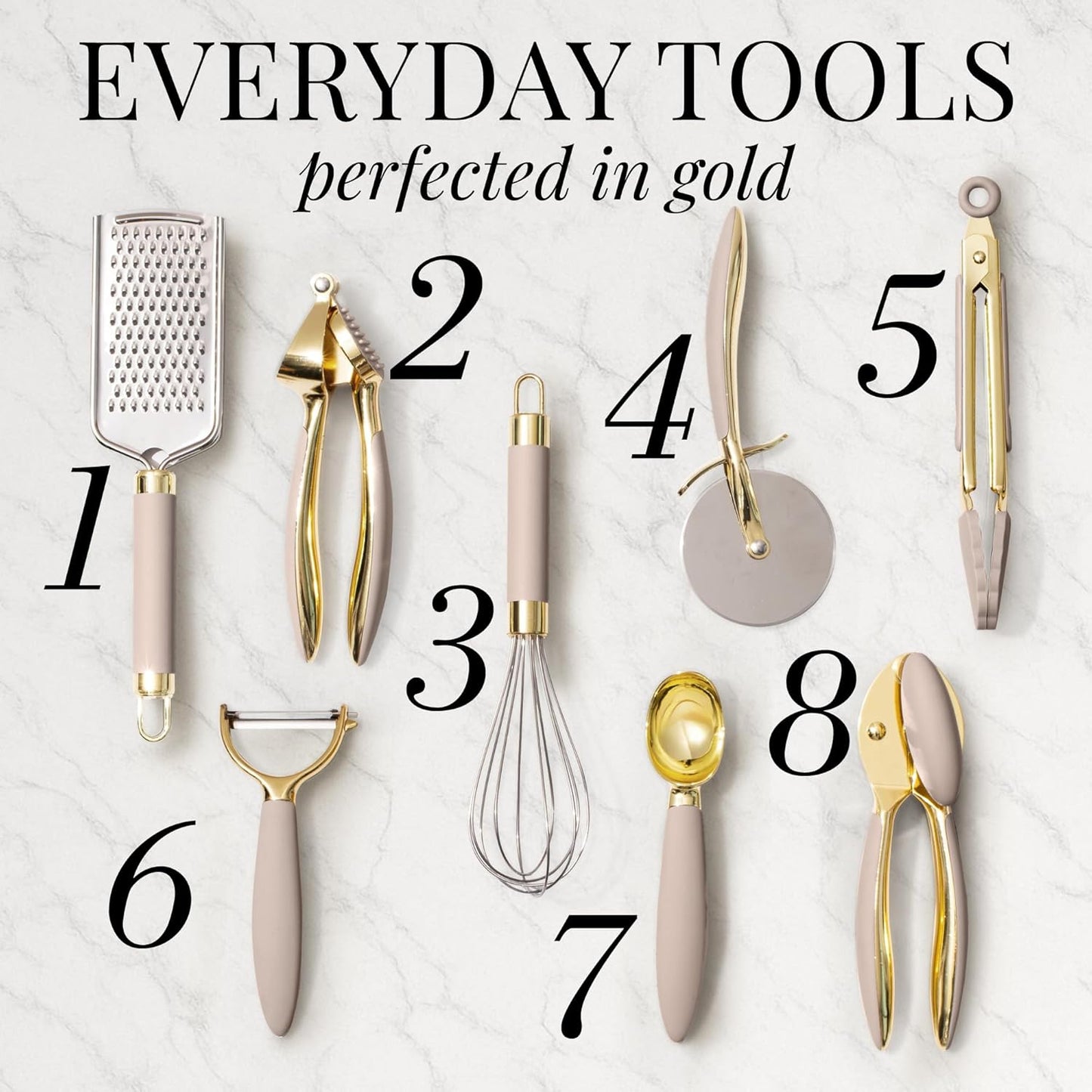 Gold and Beige Kitchen Utensils Set – 8 PC Cooking Gadgets with Mini Gold Whisk and Tongs, Pizza Cutter, Garlic Press, Cheese Grater, Peeler, Can Opener, Scoops – Stylish Beige Kitchen Accessories