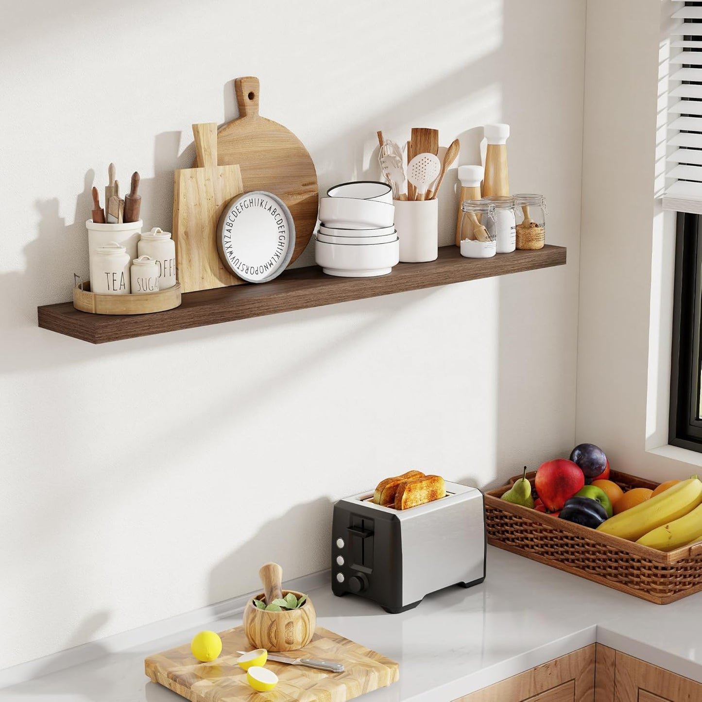 48 Inch Floating Shelves, 8 Inch Deep Floating Shelves for Wall, Hanging Shelf with Invisible Brackets, Deep Shelves for Bathroom, Bedroom, Living Room, Walnut, Set of 1