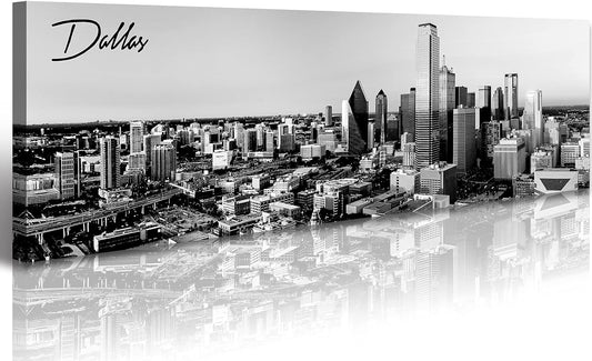 Black and White Wall Art Dallas Skyline Cityscape Skyscrapers Canvas Print Painting Landscape Texas City Buildings Pictures Modern Artwork for Man Room Office Living Room Decoration 13.8"x47.3"