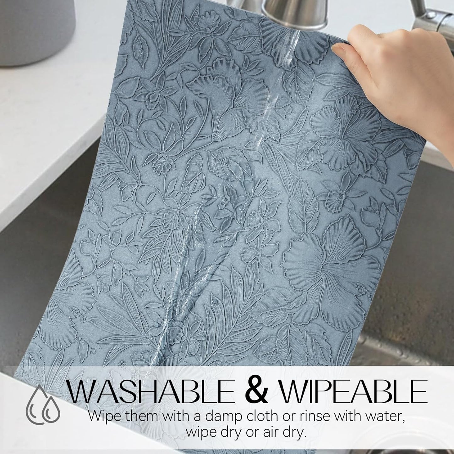 Romanstile Vinyl Placemats Set of 8-12 X 18 Inch - Heat Resistant Non-Slip Embossed Floral Place Mats 100% Waterproof Oilproof Wipeable Faux Leather Table Mats for Kitchen/Dining/Party, SkyBlue