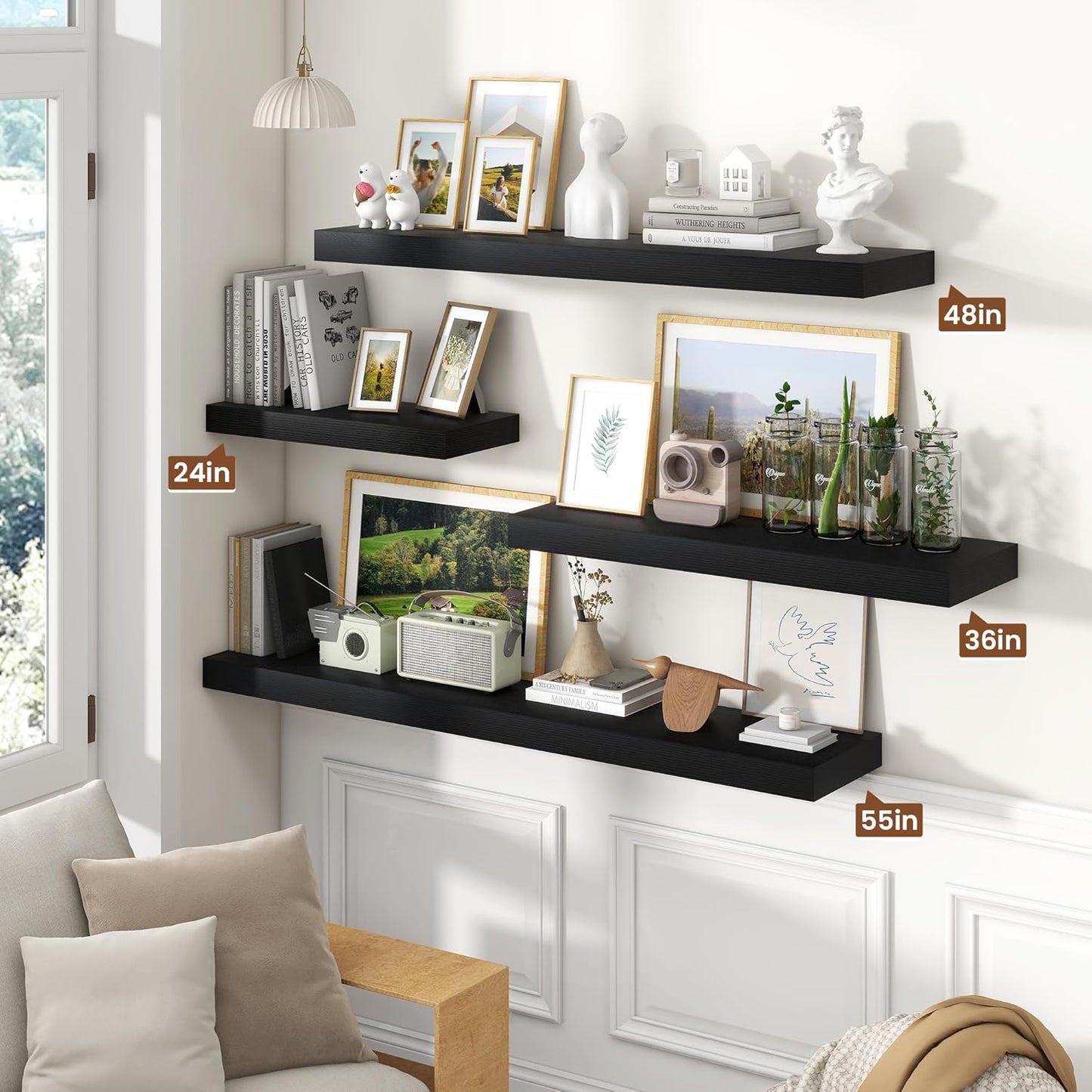 Heimlove 48" Black Floating Shelves for Wall,10 Deep Rustic Wood Display & Storage Wall Shelves with Heavy Duty Brackets for Bathroom,Bedroom,Kitchen,Living Room,Office,Set of 2