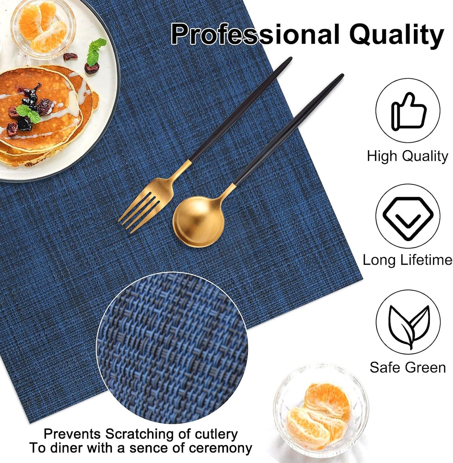 Vinyl Placemats Set of 6, PVC Woven Washable Non-Slip Table Mats, Heat Resistant Wrinkle Free Place Mats for Dining Table, Easy to Clean (6, Navy Blue)