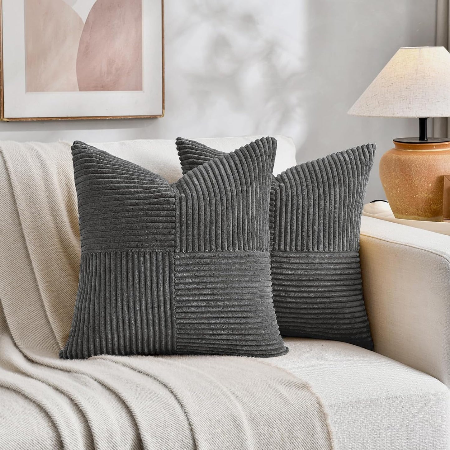 Fancy Homi 2 Packs Dark Gray Samll Decorative Throw Pillow Covers 14x14 Inch with for Couch Bed Sofa, Rustic Farmhouse Boho Home Decor, Soft Corss Patchwork Corduroy Square Cushion Case 35x35 cm