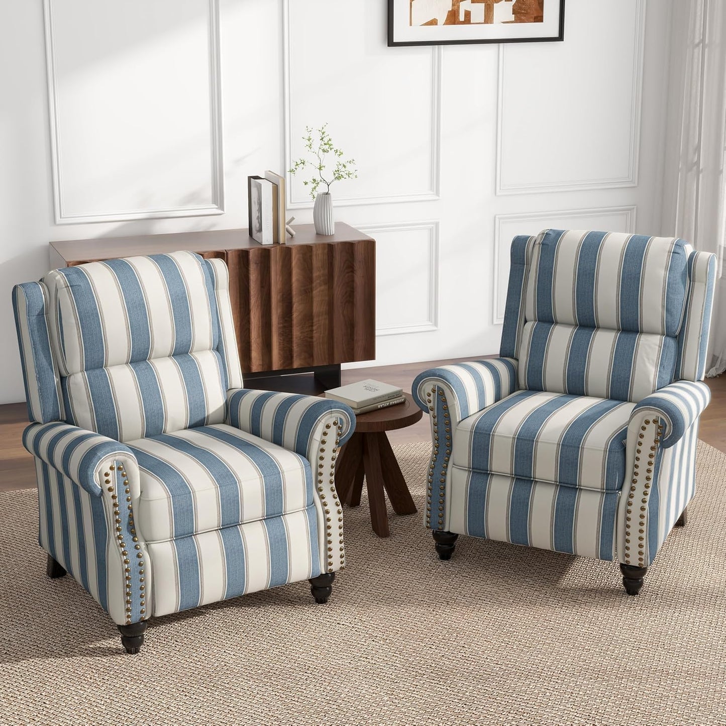 UIXE Pushback Recliner Chairs Set of 2, Fabric Overstuffed Armchair Push Back Accent Chair for Living Room, Rivet Trim Club Chair Home Theater Bedroom Side Reading Seats - Strip Navy