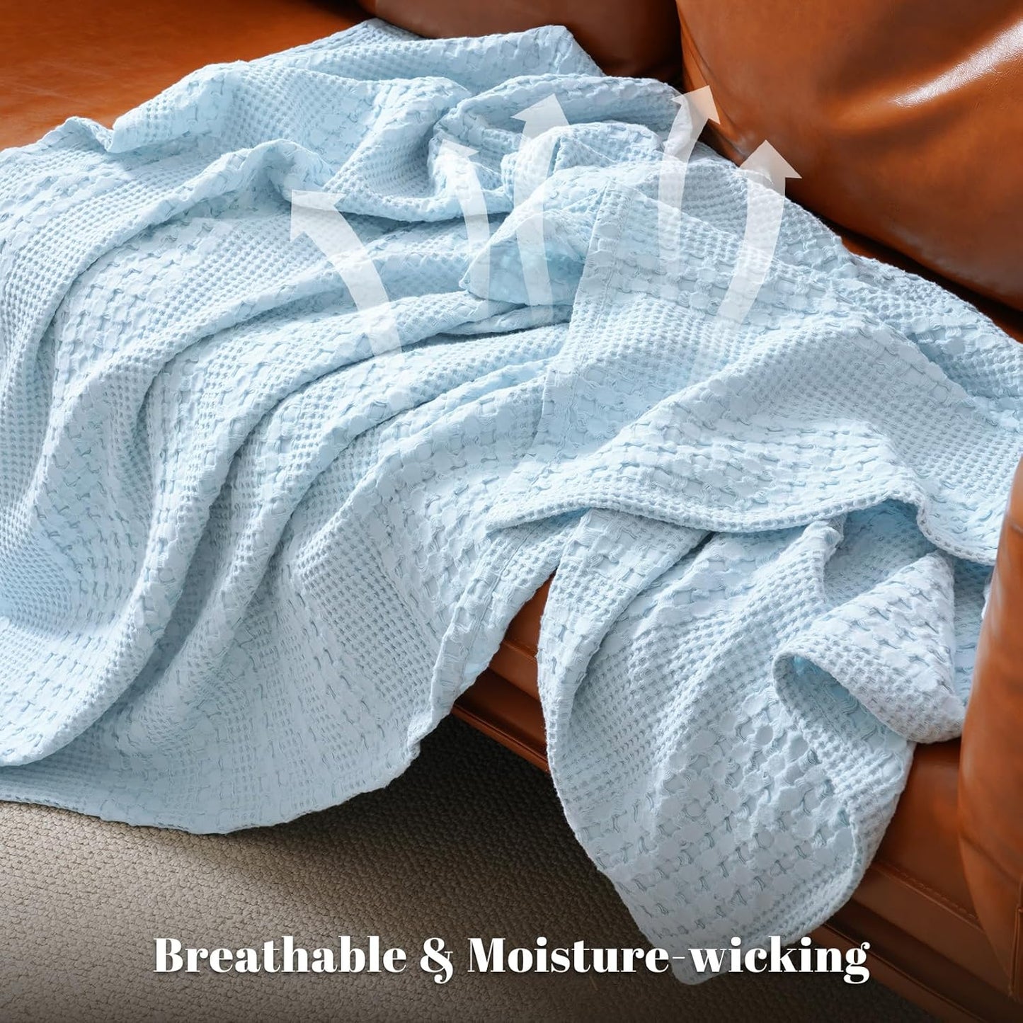PHF 100% Cotton Waffle Weave Blanket King Size, Soft Lightweight Breathable Cozy Summer Blankets for Bed, Luxury Aesthetic Woven Bedding for Home Decor, 108"x90", Baby Blue
