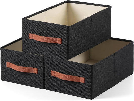 linen closet organizers and storage, 3 Pack Large Storage Baskets, Washable, Clothing Storage Bins with Handle, Closet Organizer for Storage Sweater,Sheets (Black, 16"x9½"x6¾")