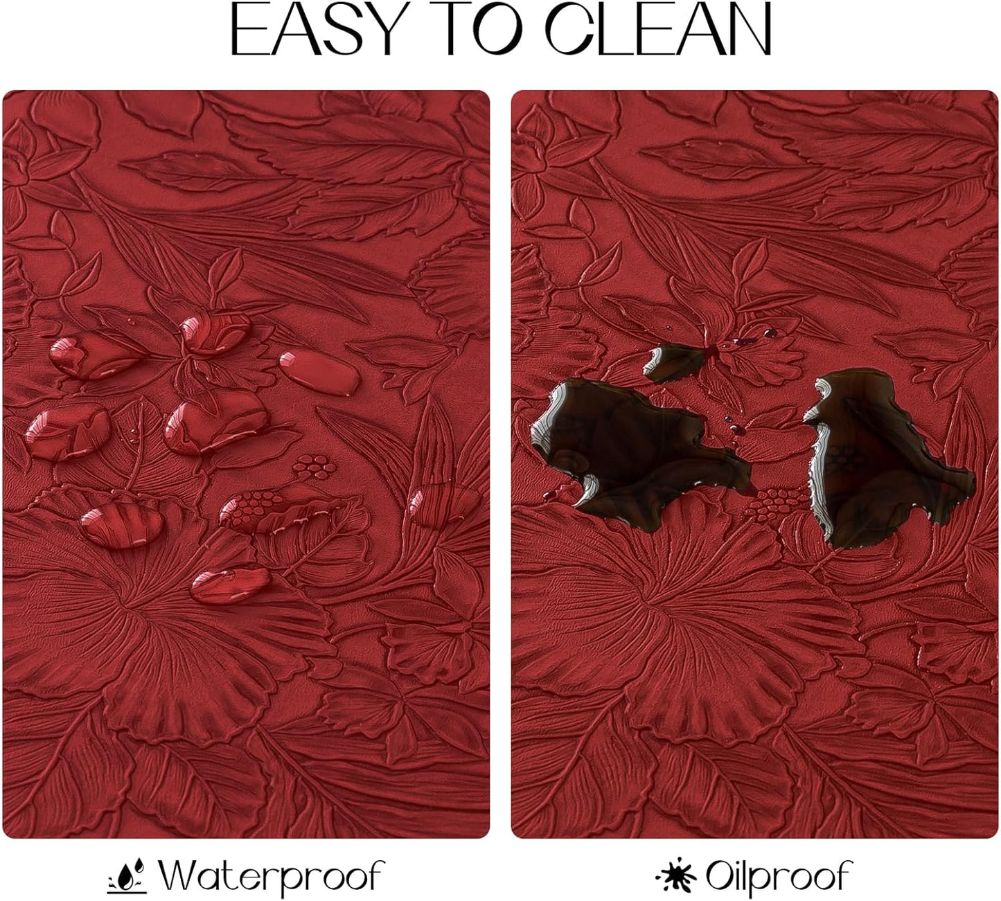 Romanstile Vinyl Placemats Set of 4-12 X 18 Inch - Heat Resistant Non-Slip Embossed Floral Place Mats 100% Waterproof Oilproof Wipeable Faux Leather Table Mats for Kitchen/Dining/Party, Red