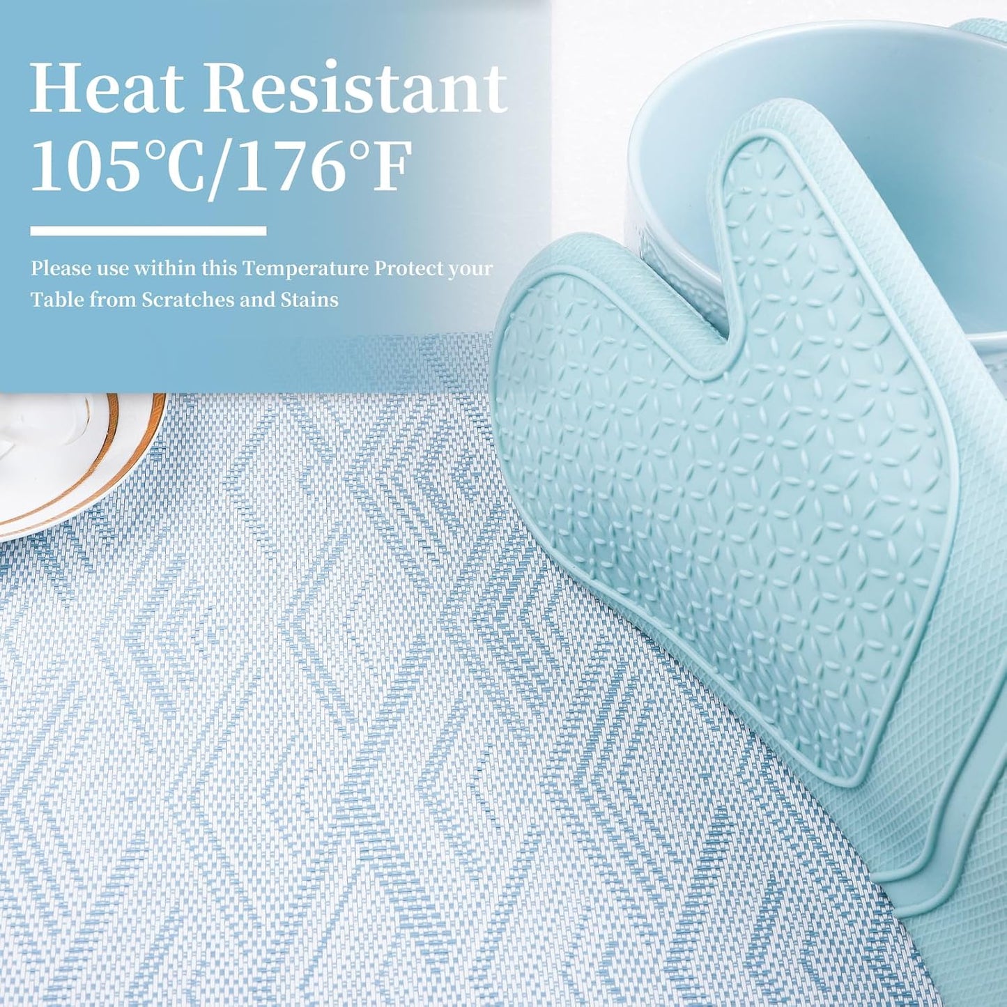 Vinyl Plastic Placemats Set of 6 Washable Heat Resistant Non-Slip Elegant Indoor Outdoor Kitchen Dining PVC Woven Table Place Mats (Sky Blue Rhombus)