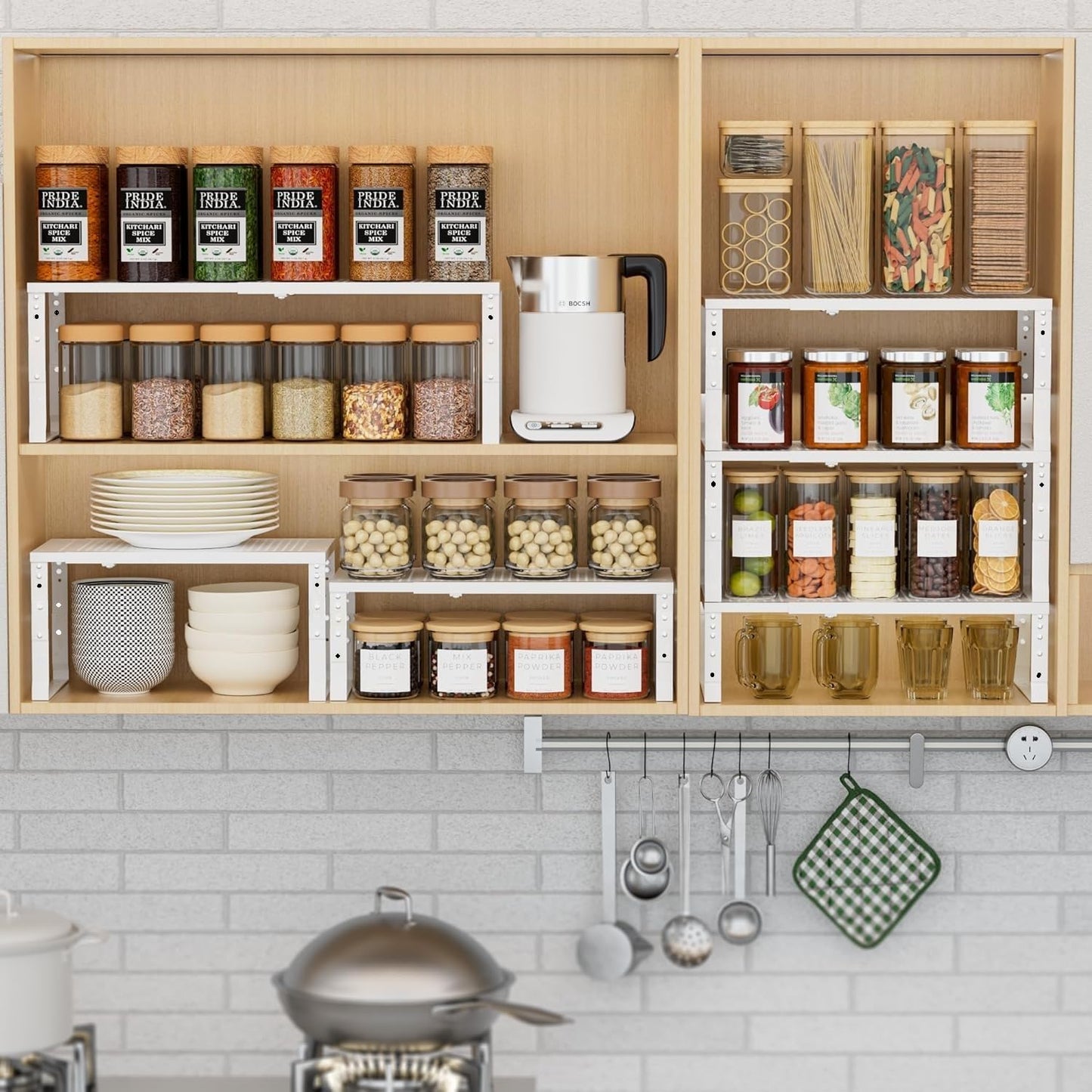 Expandable Spice Rack Kitchen Cabinet Shelf Organizer, Stackable Storage Shelves Racks, Adjustable Counter Shelving for Cabinets, Countertop, Cupboard,Pantry and More(1Pack/White/Large)