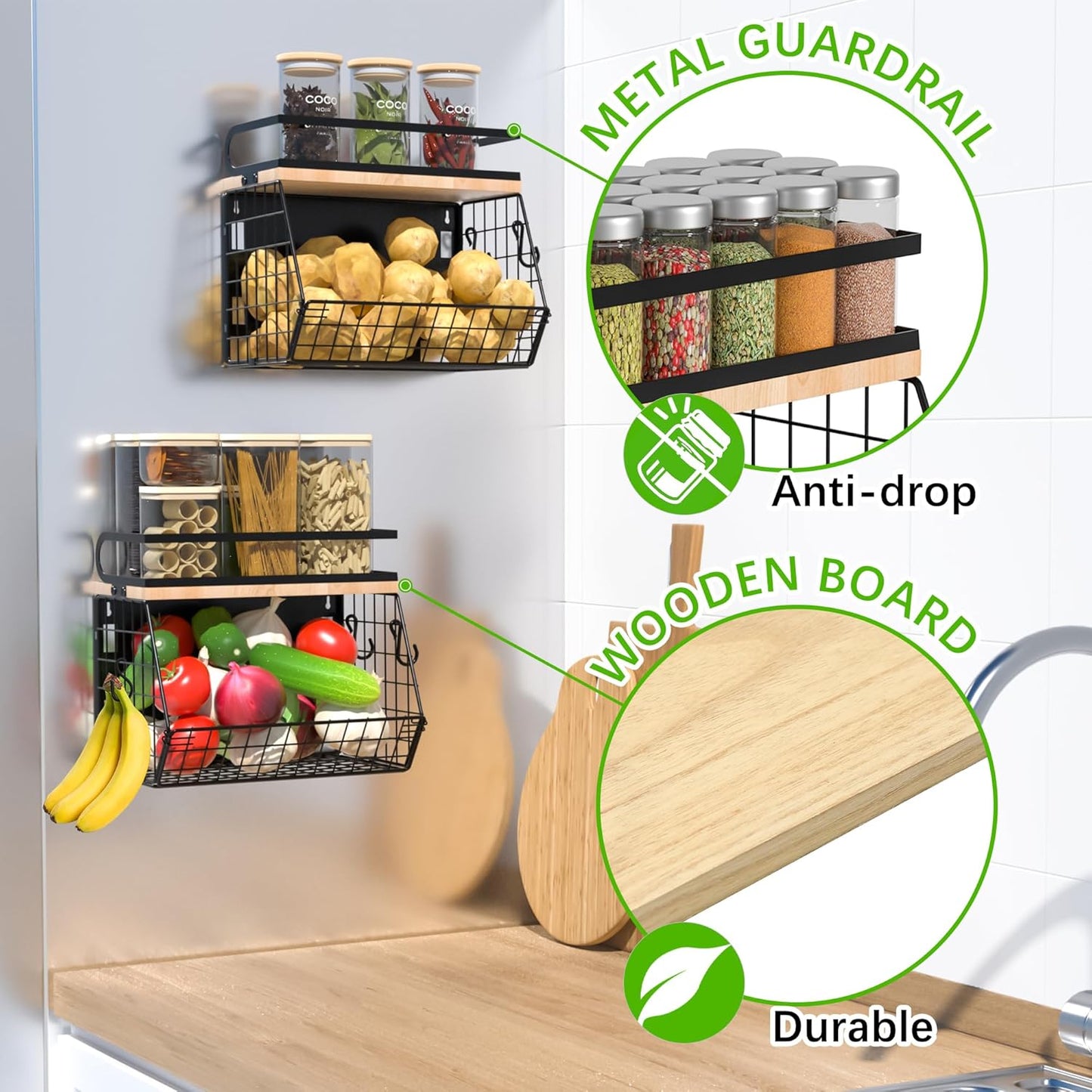 Magnetic Spice Rack for Refrigerator, Fruit, Potato & Onion Storage Bin,Large Capacity Magnetic Shelves for Side of Refrigerator, Kitchen Organizers and Storage Countertop,2 Pack Black