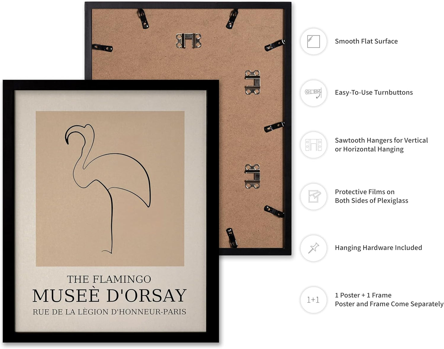 Poster Master Vintage Poster - Retro Minimalist Print - Gift for Artist, Housewarming - Flamingo, Line Drawing, Sketch, Abstract - Wall Decor for Living Room, Bedroom, 11x14 Black Framed