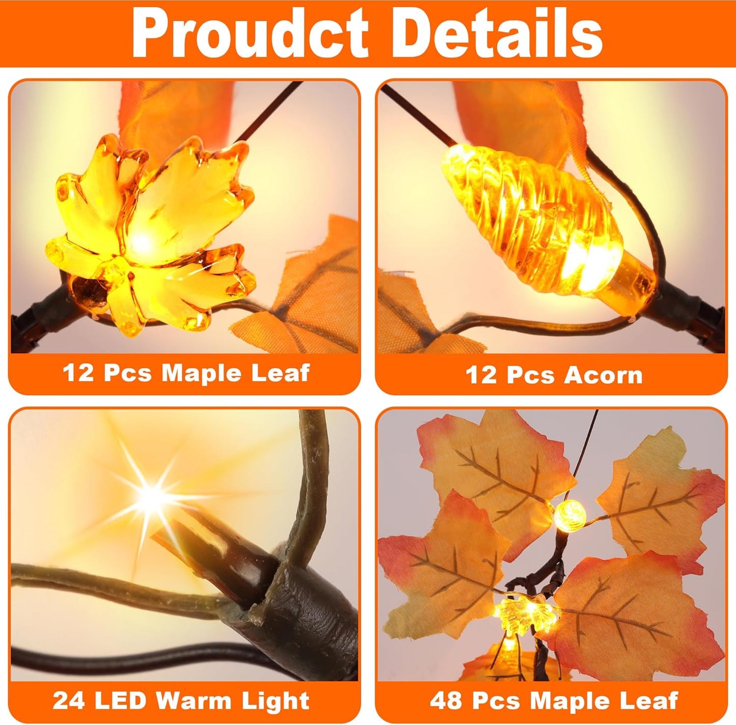 2 Pack 24 Inch Prelit Fall Maple Tree Fall Decor with 48 LEDs Timer Battery Operated Artificial Fall Light Up Tree Maple Acorn for Fall Thanksgiving Decorations Table Home Office Indoor Autumn Harvest