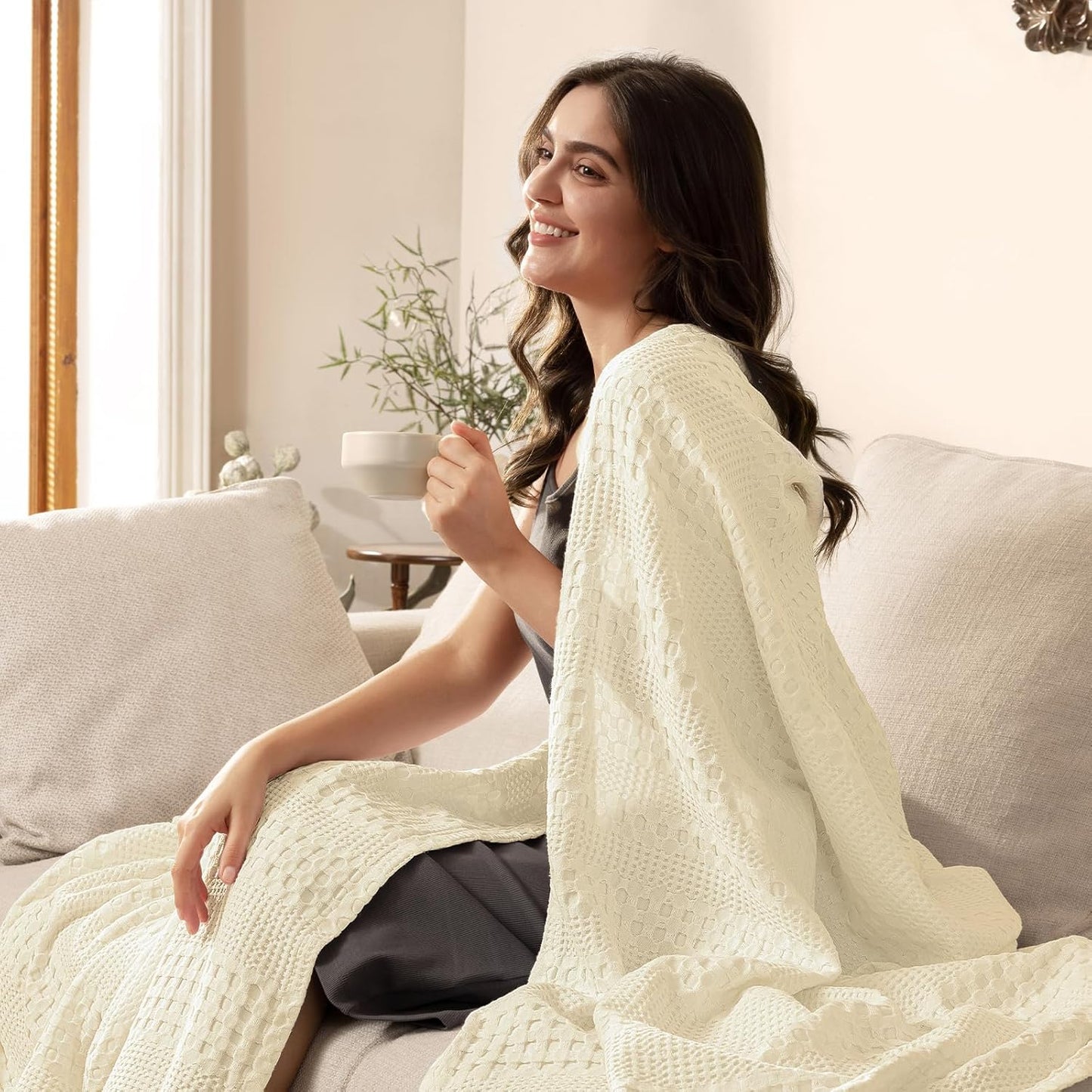 PHF Cooling Waffle Blanket Queen Size, Lightweight 60% Rayon Derived from Bamboo & 40% Cotton Breathable Blanket for Hot Sleepers, Soft and Luxury for Bed Couch and Sofa, 90"x90", Ivory