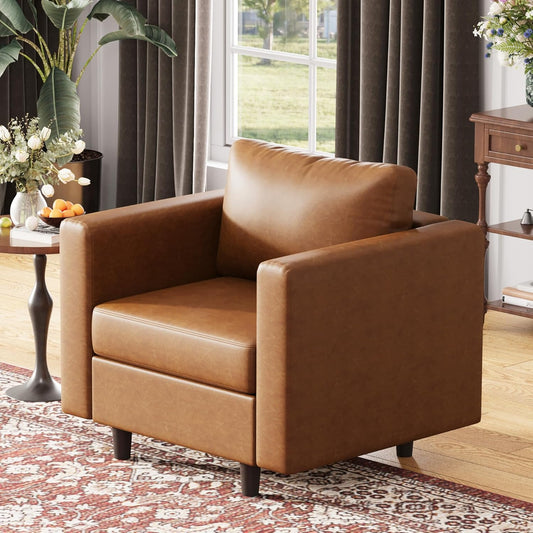 Faux Leather Single Sofa, Modern Accent Chair Brown with Storage Deep Seat Large Reading Armchair for Living Room Bedroom Office