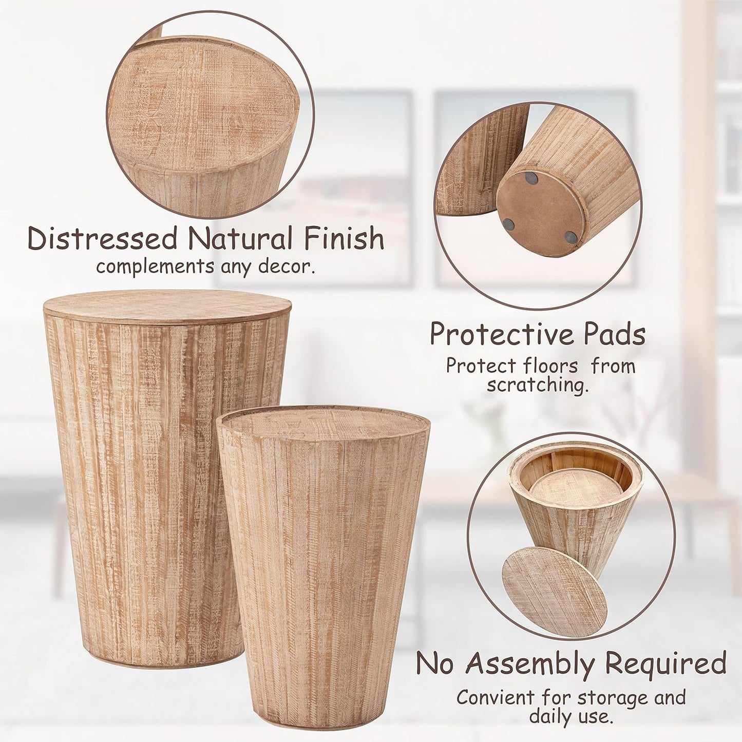 Farmhouse Nesting Barrel Side Table, Rustic Space Saving Storage End Table Set Fully Assembled, Natural Distressed Finish