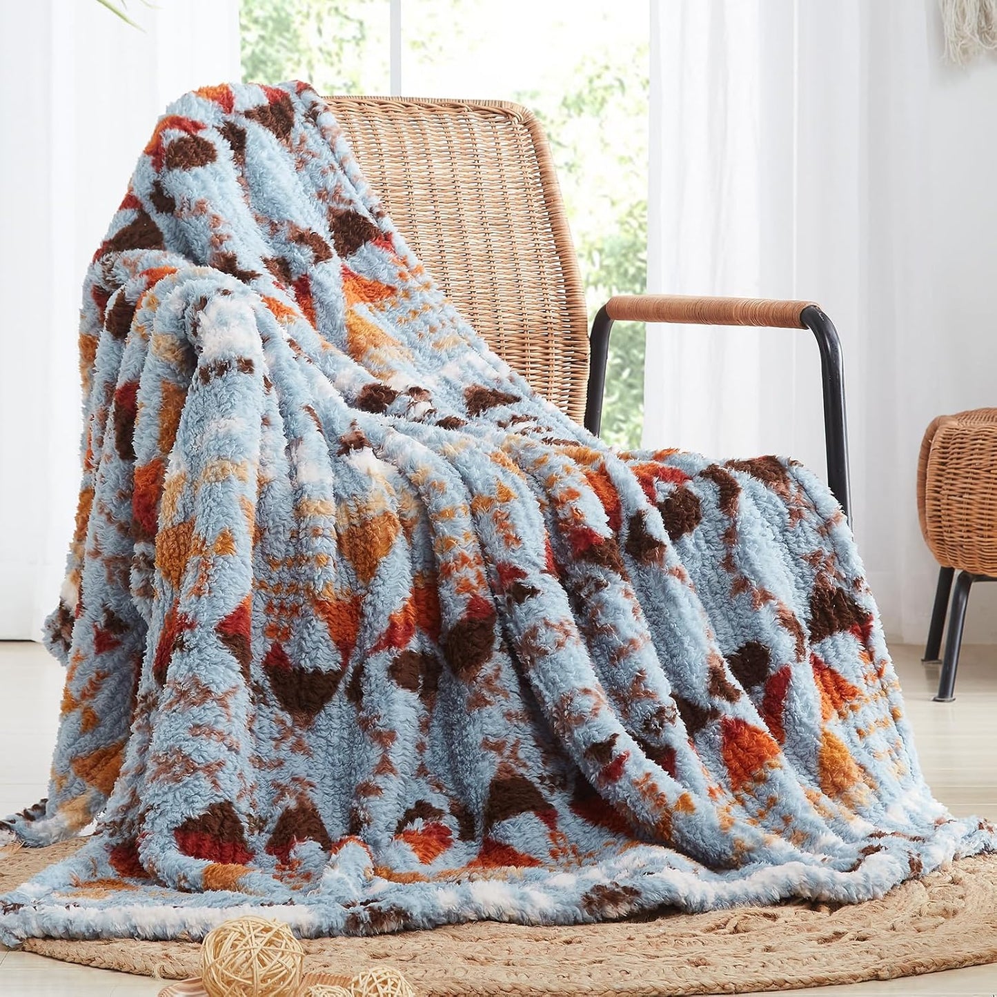 CASAAGUSTO Boho Sherpa Throw Blanket, Aztec Queen Blanket, Ultra Soft, Warm, Cozy, Plush, Thick Fleece Bohemian Throw Blanket for Couch, Bed, Sofa (Blue Grey 90 * 90 Inch)