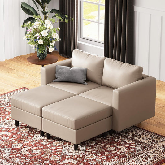 64.6" Faux Leather Loveseat Sleeper Sofa Bed with Storage Seat, Modern Modular Sectional Couch Deep Seat with Reversible Chaise 2-Seat Whitesand for Apartment, Living Room, Bedroom