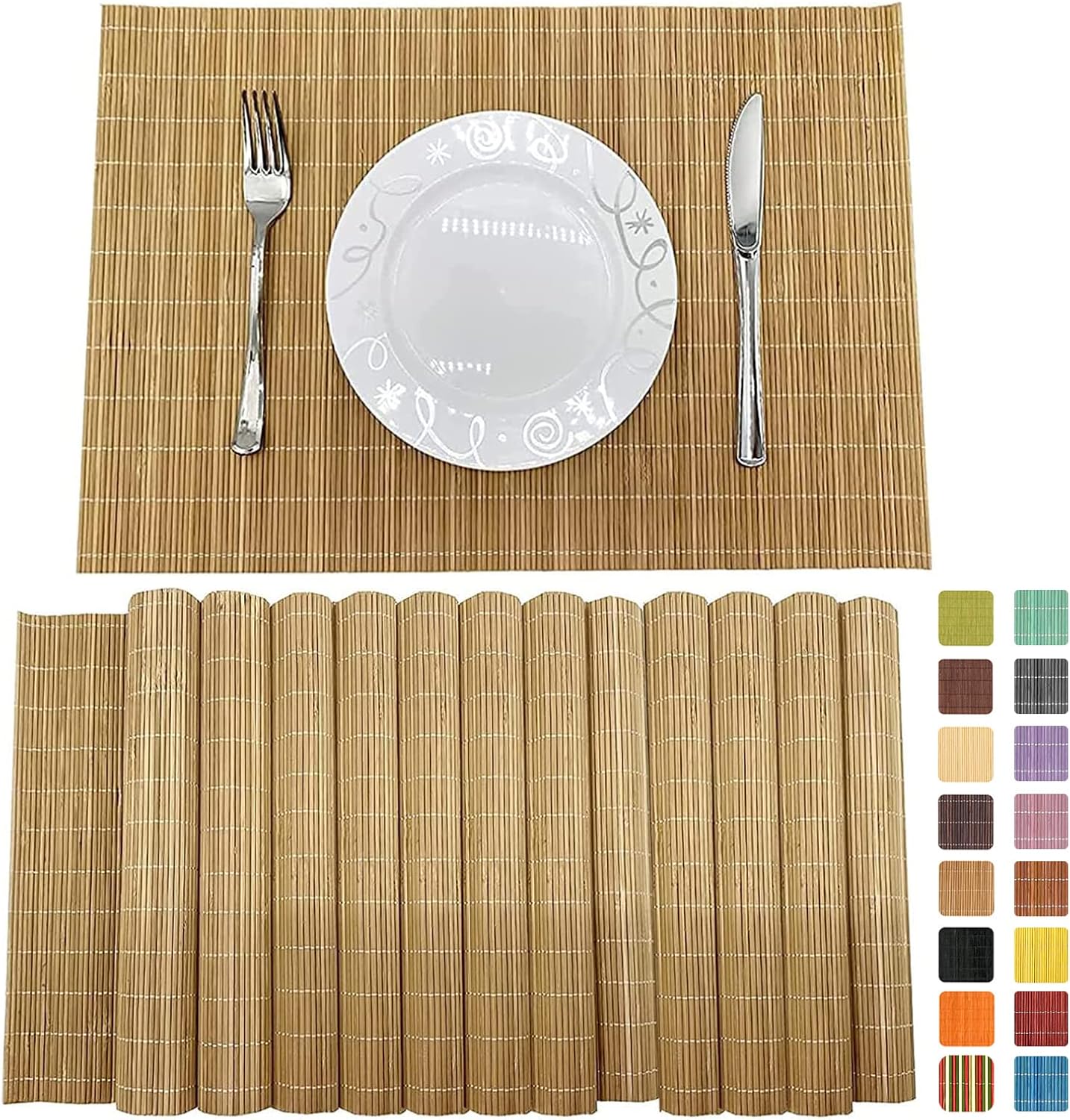 ANDSTAR Bamboo Placemats Set of 6 Non-Slip - 12x18 Inch Waterproof Table Mats for Dining, Eco-Friendly Reusable Dishwasher Safe Kitchen Decor, Thick Heat Resistant Home Accessories (Brown)