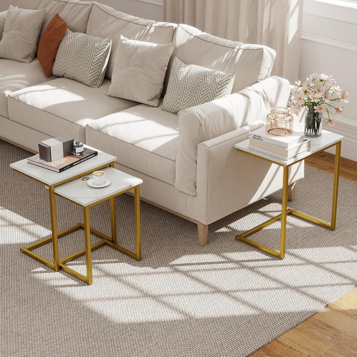 Giantex Nesting Coffee Table Set of 3, Stackable Square End Table w/Faux Marble Tabletop & Heavy-Duty Metal Frame, Farmhouse C-Shaped Accent Table for Small Space, Living Room, Bedroom (White Gold)