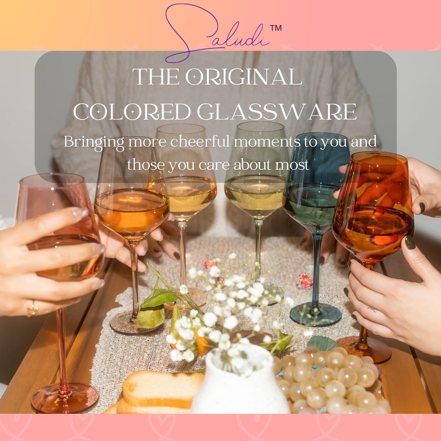 Saludi Colored Wine Glasses, 16.5oz (Set of 6) Stemmed Frida-Color Glass - Great for all Wine Types and Occasions - Luxury, Durable, Hand-Blown