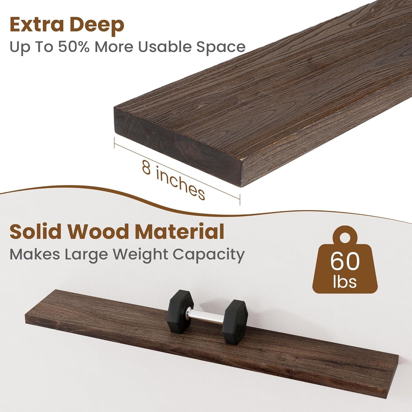 Floating Shelves for Wall Decor, 8 Inch Deep Rustic Solid Elm Wood Floating Shelves Wall Mounted, Wall Shelves with Invisible Bracket for Living Room Bathroom Bedroom Kitchen, 48 Inch Set of 1, Walnut