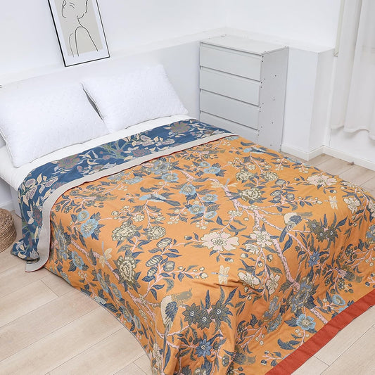Snycler Boho Throw Blanket for Bed - 100% Cotton Ultra Soft Rustic Quilt Blanket Orange Bird Floral Printed Farmhouse Decor Bed Blankets, 60"×80" All Season Rustic Throw for Sofa Couch Chair